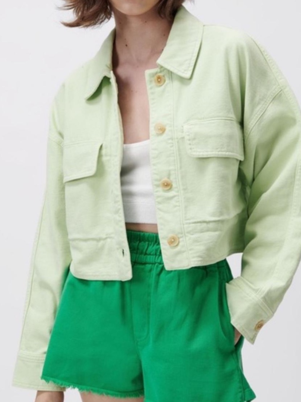 Zara Cropped Utility Jacket Mint Green Oversized Button Front Size S